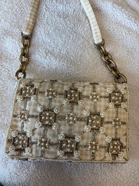 Zara Cream Beaded Shoulder Bag with Gold-Tone Chain